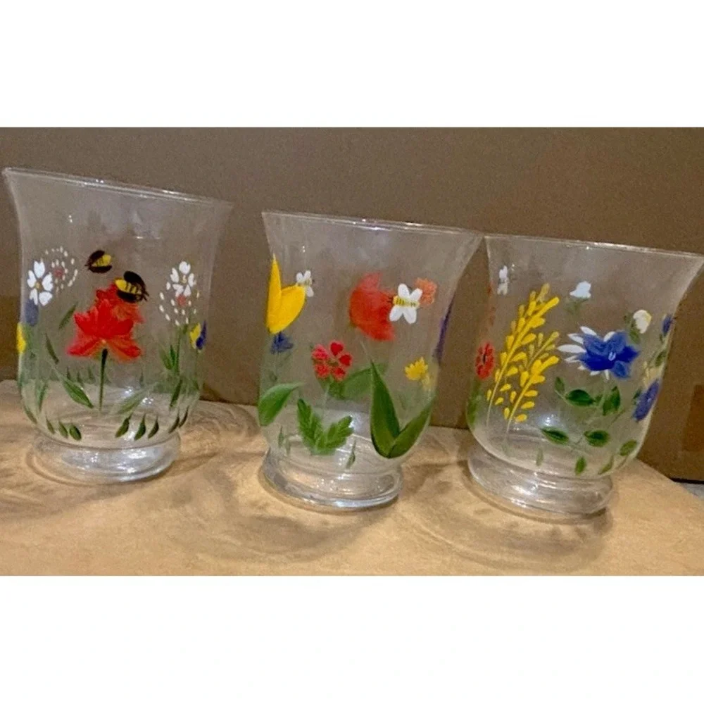 Set Of Vintage Hallmark Painted Flowers Candle Holders Votives Butterflies Bees